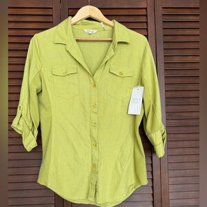 NEW Cavalini M Green Linen Blend Collared Button-Up Blouse, Roll Tab 3/4 Sleeve